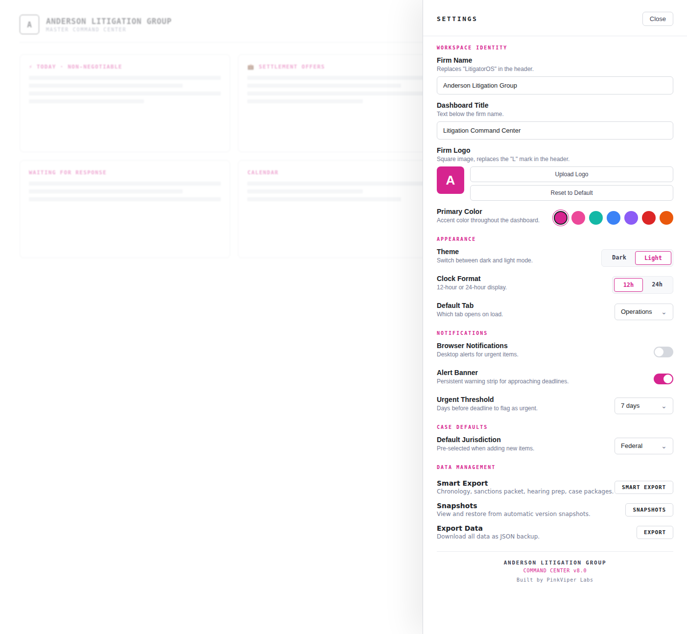 Command Center Settings panel showing workspace identity, appearance, notifications, case defaults, and data management options. Customize firm name, dashboard title, logo, primary color, theme, clock format, default tab, urgent threshold, and default jurisdiction.