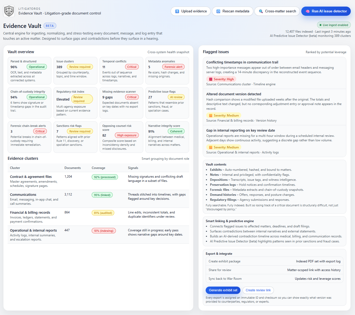 Evidence Vault dashboard sample